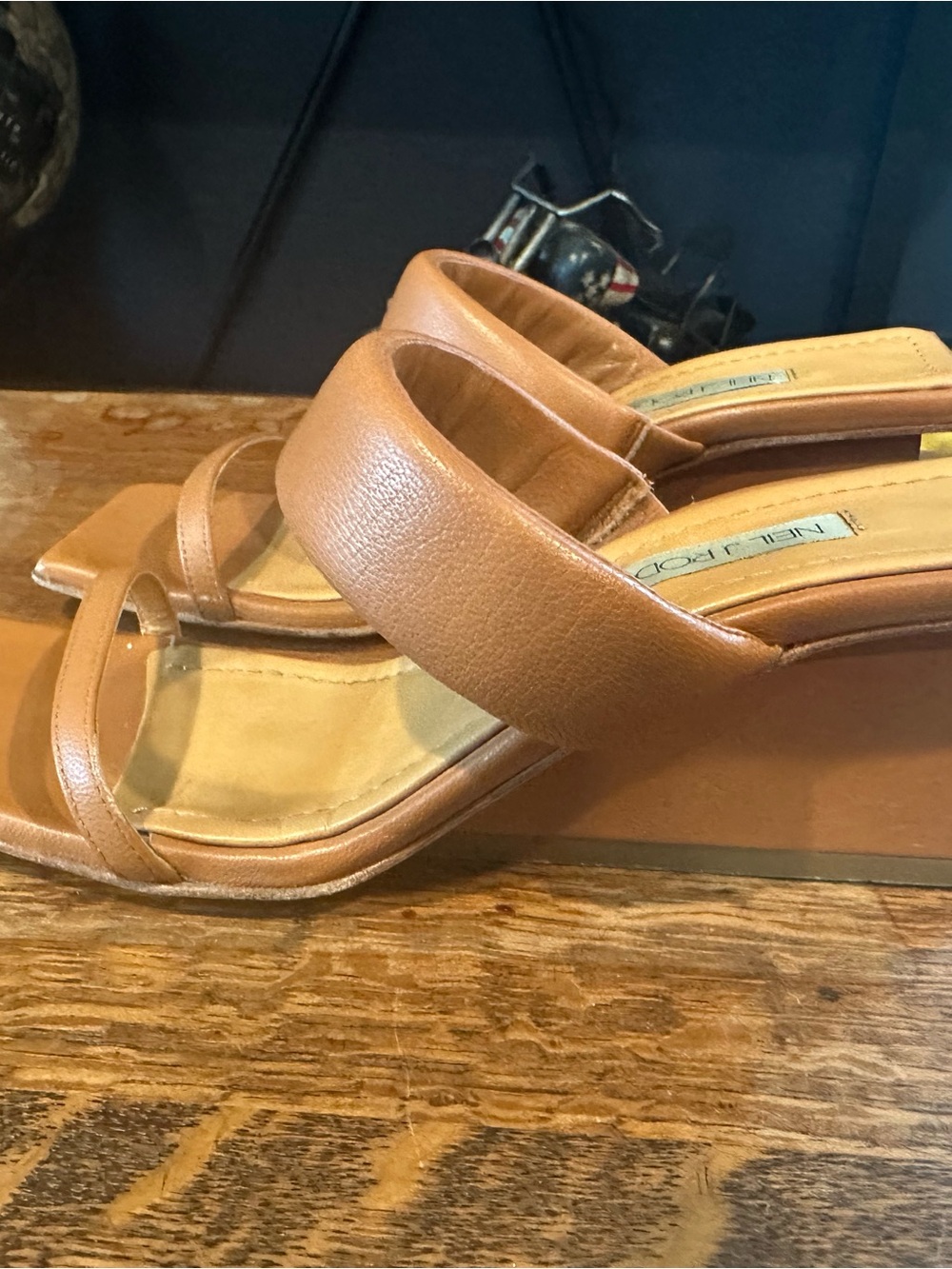 Neil J. Rodgers Minimalist Tan Square-Toe Slide Heels - Picture 4 of 7